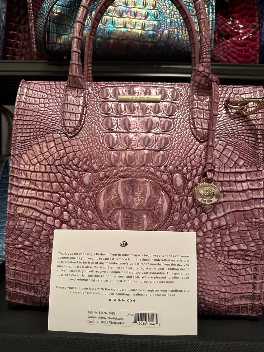 Brahmin Mulberry Potion Large Caroline Pink Croc-Embossed Satchel